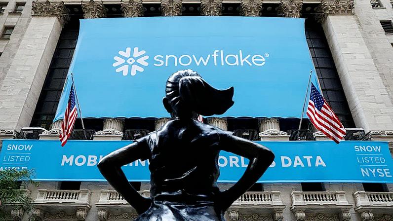 Banner da Snowflake Inc. exibido na Bolsa de Valores de Nova York para celebrar a oferta pública inicial da empresa em 16 de setembro de 2020 (Foto: Reprodução)