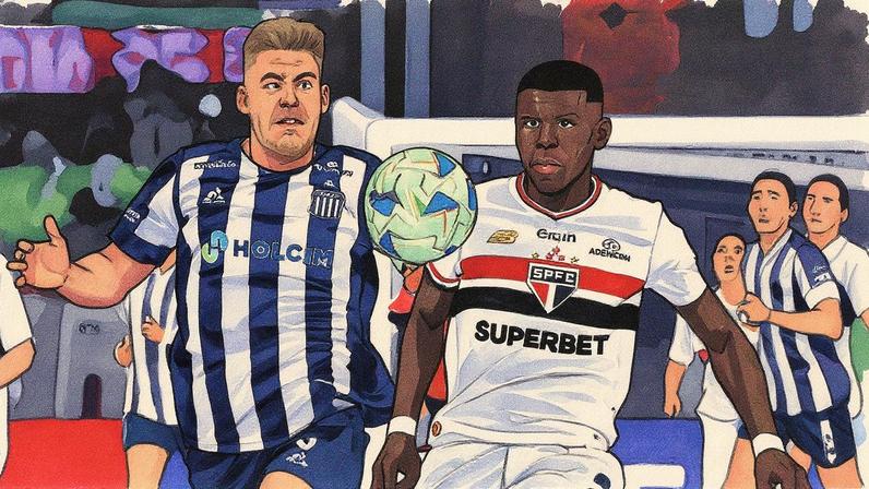 Arboleda e Federico Girotti disputam a bola durante confronto entre São Paulo e Talleres pela última rodada da fase de grupos da Libertadores, no Morumbi (Foto: Nelson Almeida - 27.mai.2025/AFP)