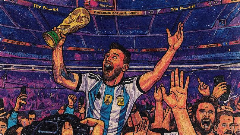 Lionel Messi celebra com o troféu diante dos fãs após vencer a final da Copa do Mundo de futebol entre Argentina e França no estádio Lusail, Lusail, Catar, em 2022. (Foto: Martin Meissner/AP)
