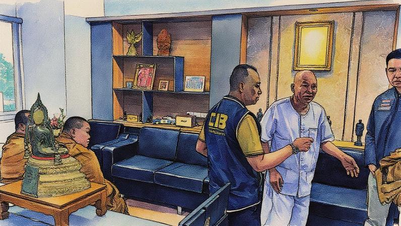 Luang Phor Alongkot, conhecido como Phra Ratcha Wisutthiprachanat, de camisa branca, conversa com a polícia no Escritório Central de Investigação em Bangkok, Tailândia, na terça-feira, 26 de agosto de 2025. (Foto: Central Investigation Bureau Police via AP)