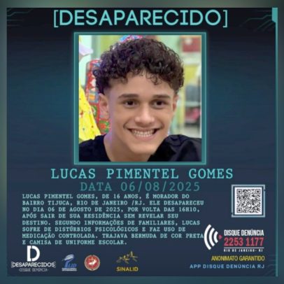 Adolescente de 16 anos some na Tijuca e família solicita ajuda para encontrá-lo
