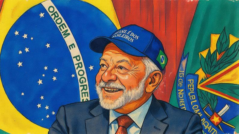 Lula usa boné com o novo slogan do governo durante reunião ministerial (Foto: Reprodução)