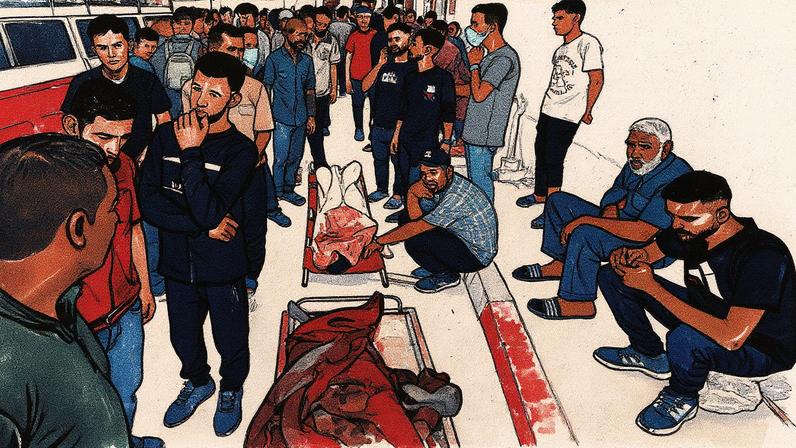 Palestinos se reúnem ao lado de civis mortos em ataque israelense enquanto buscavam ajuda, segundo médicos, no hospital Al-Shifa, na Cidade de Gaza (Foto: Mahmoud Issa - 16.ago.25/Reuters)