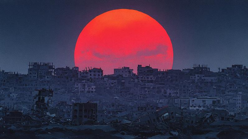 O sol se põe atrás de edifícios destruídos durante operações terrestres e aéreas israelenses na Faixa de Gaza, visto do sul de Israel, na terça-feira, 26 de agosto de 2025. (Foto: AP Photo/Maya Levin)