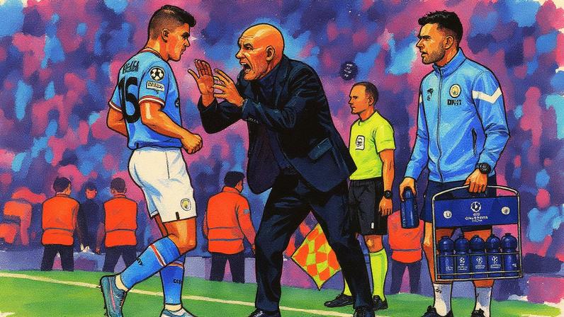 Guardiola conversa com Rodri em goleada sobre o Real Madrid (Foto: Oli Scarff/AFP)