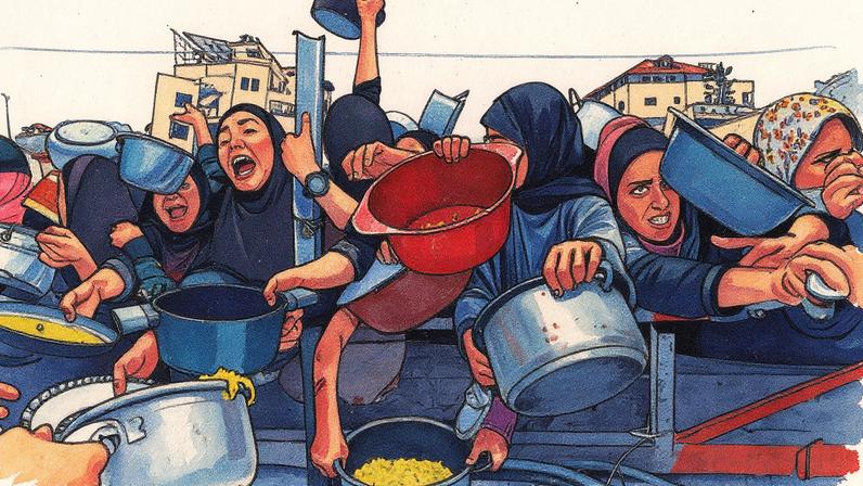 Palestinos se aglomeram para receber comida em um centro de distribuição na Faixa de Gaza (Foto: Omar AL-QATTAA / AFP)