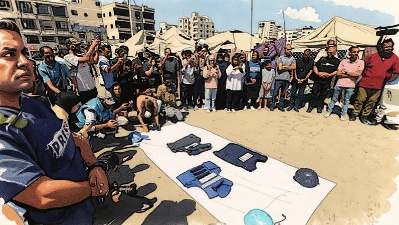 Manifestação contra a matança de cinco jornalistas na segunda-feira durante o bombardeio do hospital Nasser, nesta terça-feira na Cidade de Gaza. (Foto: Reprodução)