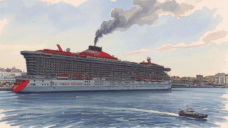 Navio de cruzeiro da Virgin Voyages atracado no porto de Palma de Maiorca, Espanha (Foto: Reprodução)