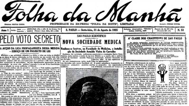 Primeira Página da Folha da Manhã de 21 de agosto de 1925 - Reprodução