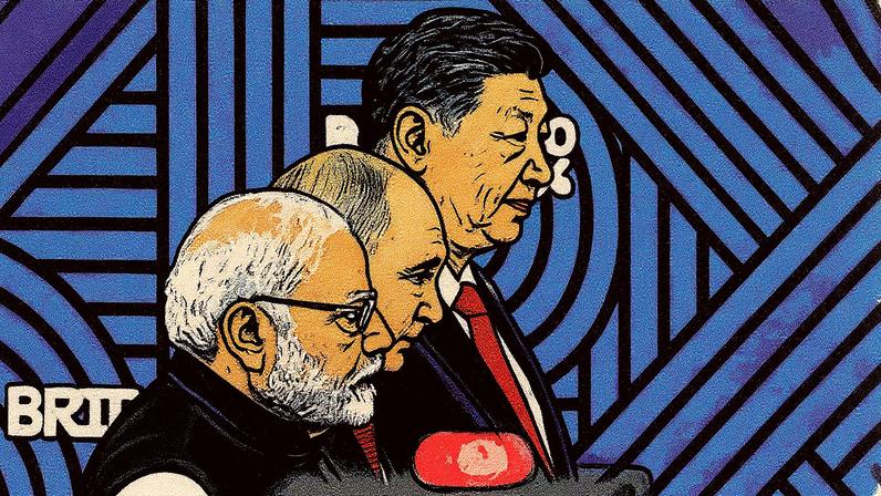 Líderes Narendra Modi, Vladimir Putin e Xi Jinping durante a cúpula do Brics em Kazan, Rússia (Foto: Reprodução)