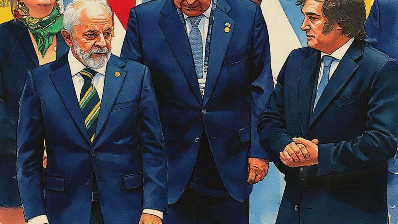 O presidente do Brasil, Luiz Inácio Lula da Silva, e o presidente da Argentina, Javier Milei (dir.), posam para a foto na 66ª Cúpula de Líderes do Mercosul e Estados Associados, no Palácio de San Martín, em Buenos Aires. 03/07/2025 - (Luis Robayo/AFP)
