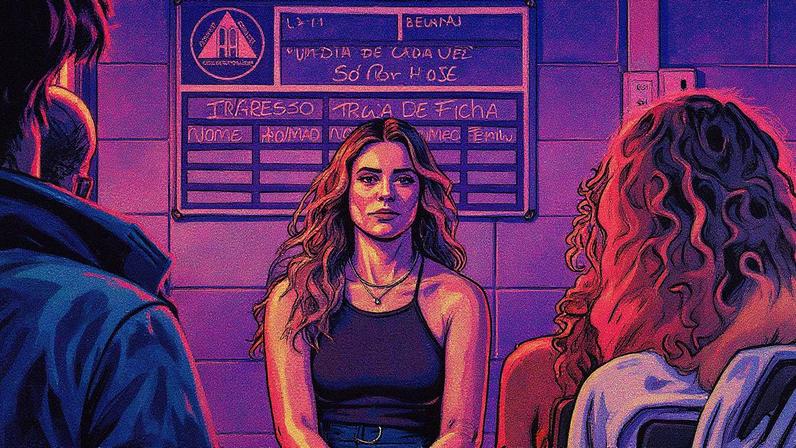 Heleninha (Paolla Oliveira) e Afonso (Humberto Carrão) assistem a depoimentos de alcóolicos anônimos em cena de 'Vale Tudo' (Foto: Globo/Léo Rosario)