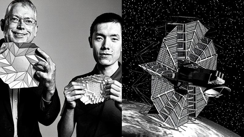 Montagem do professor de engenharia mecânica, à esquerda, e do aluno, e da simulação do origami em um satélite — Foto: Universidade Brigham Young/Divulgação