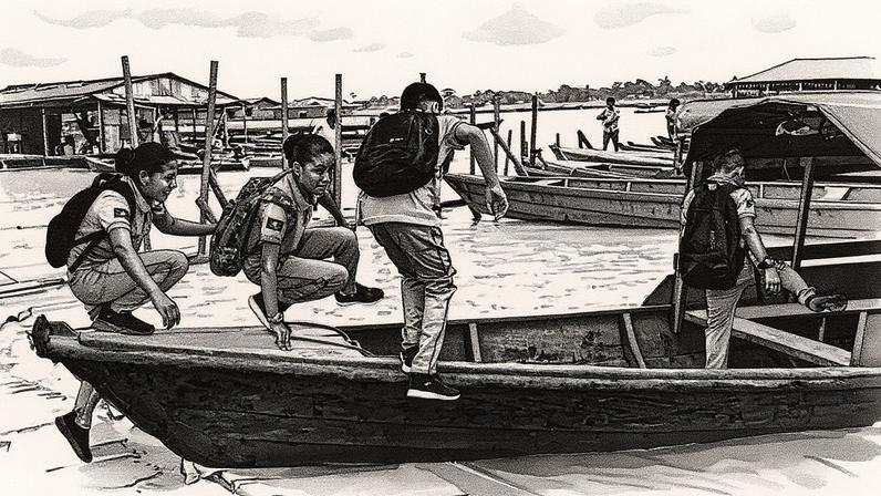 Estudantes abordam uma balsa na ilha de Santa Rosa, em 18 de agosto de 2025. (Foto: Iván Valencia/AP)