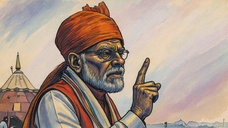 Narendra Modi, primeiro-ministro da Índia, durante a cerimônia do Dia da Independência da nação no Forte Vermelho em Nova Délhi, Índia, na sexta-feira, 15 de agosto de 2025. (Foto: Bloomberg | Bloomberg | Getty Images)