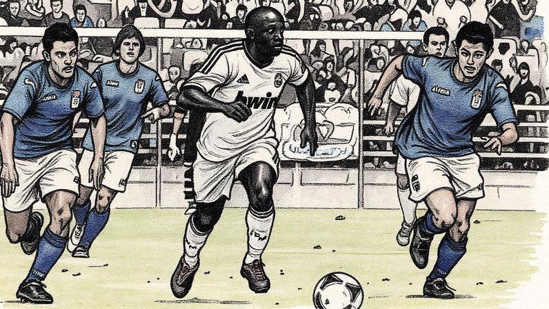 Lass Diarra, entre vários jogadores do Oviedo, durante sua etapa no Real Madrid. (Foto: J.L.Cereijido - EFE)