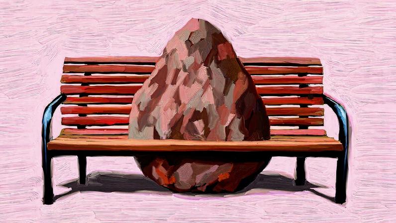 Ilustração mostra o desenho de um banco de praça com uma grande pedra atravessada no meio do seu assento. (Foto: Adams Carvalho/Editoria de Arte/Folhapress)