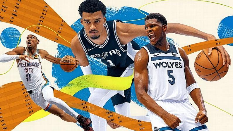 Shai Gilgeous-Alexander, do Oklahoma City Thunder, Victor Wembanyama, do San Antonio Spurs, e Anthony Edwards, do Minnesota Timberwolves, em arte do fantasy da NBA (Foto: Arte ESPN)
