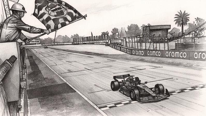 Oscar Piastri recebe a bandeira quadriculada, seguido por Lando Norris, no GP da Espanha de 2025 (Foto: Reprodução)