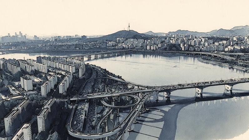 Vista aérea do centro da cidade de Seul com veículos na via expressa e uma ponte cruzando o rio Han na cidade de Seul, Coreia do Sul. (Foto: Mongkol Chuewong | Moment | Getty Images)