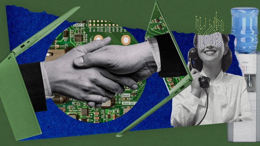 Colagem de fotos de agentes de IA, laptops e um bebedouro. (Foto: Sarah Rogers/MIT Technology Review | Getty Images)