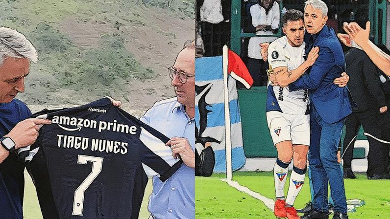 Tiago Nunes e John Textor em anúncio oficial do técnico no Botafogo; Tiago Nunes abraçando Lisandro, autor do segundo gol (Foto: Reprodução/Botafogo e Rodrigo BUENDIA / AFP)