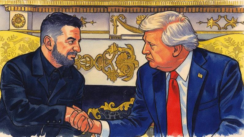 O presidente Donald Trump aperta a mão do presidente ucraniano Volodmir Zelenski no Salão Oval da Casa Branca, segunda-feira, 18 de agosto de 2025, em Washington. (Foto: AP Photo/Julia Demaree Nikhinson)
