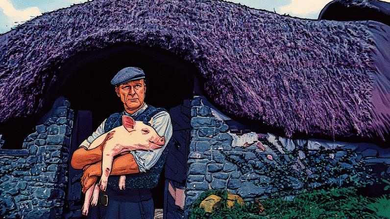 Ator James Cromwell segura um dos 47 porcos que participaram da filmagem de 'Babe, o porquinho valente' (Foto: Reprodução)