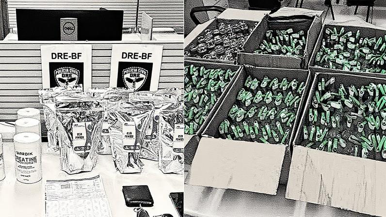 Metanfetamina apreendida pela polícia nesta quarta-feira à esquerda. À direita, mais de mil frascos de lança-perfume apreendidos pela PRF na terça-feira. (Foto: Reprodução)