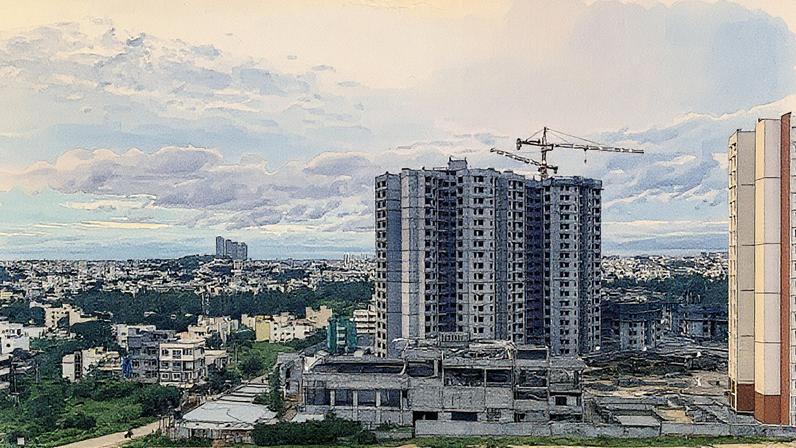 Construção de apartamentos na cidade de Bangalore - Crescimento do mercado imobiliário impulsionado por uma economia em expansão. Contra o belo céu do pôr do sol. (Foto: Satvik Shahapur | Moment | Getty Images)