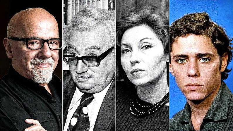 Paulo Coelho, Jorge Amado, Clarice Lispector e a capa do primeiro álbum de Chico Buarque (Foto: Reprodução)