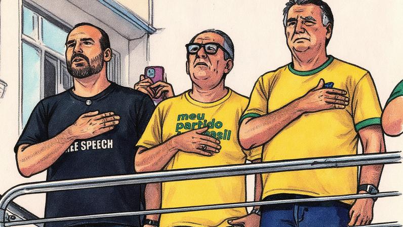 Deputado Eduardo, o pastor Malafaia e o ex-presidente Bolsonaro na Av Paulista em outros tempos (Foto: Reprodução)
