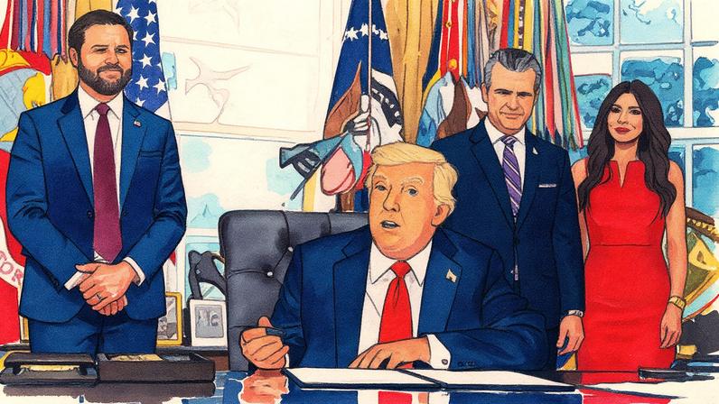 JD Vance, Donald Trump, Pete Hegseth e Kristi Noem na assinatura da ordem executiva, em Washington, nesta segunda-feira. (Foto: Al Drago / POOL (EFE))