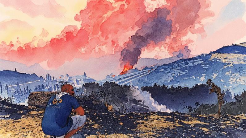 Morador de Patras, na Grécia, observa o incêndio florestal que devastou a região neste mês de agosto, quando as temperaturas chegaram a 45°C; mudança climática intensificou as condições para o evento (Foto: Aris Messinis - 13.ago.25/AFP)