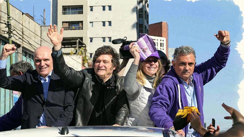 Javier Milei acena ao lado da irmã Karina Milei e outras autoridades durante uma carreata, enquanto é alvo de protestos (Foto: Reprodução)
