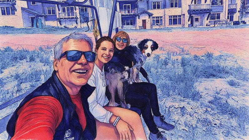Steve Barsh, fundador da Parker Chase Properties, com sua família e seu cachorro, Liberty, em um teleférico (Foto: Steve Barsh)