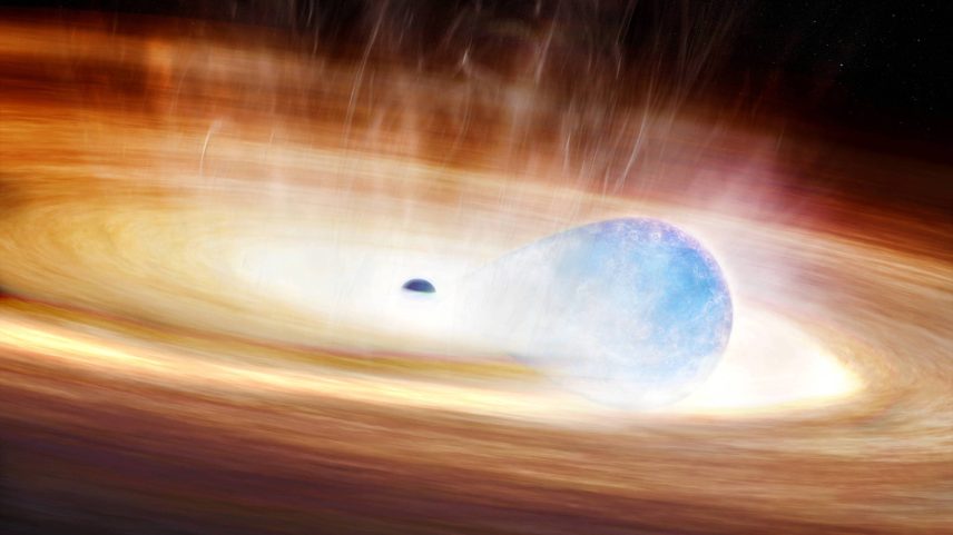 Concepção artística mostra uma estrela maciça sendo esticada pelas forças gravitacionais de um buraco negro próximo antes da explosão de uma supernova (Foto: Melissa Weiss/Center for Astrophysics | Harvard & Smithsonian (CfA)/via Reuters)