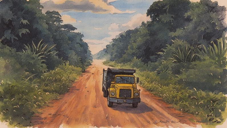 Caminhão na estrada que liga Linden e Lethem, no Essequibo, na Guiana; trajeto será substituído por nova estrada (Foto: Reprodução)