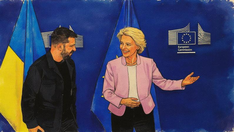 A presidente da Comissão Europeia, Ursula von der Leyen, recebe o presidente da Ucrânia, Volodimir Zelenski, em Bruxelas (Foto: Bart Biesemans - 17.ago.25/Reuters)