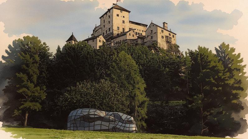 Schloss Tarasp, na região do Engadin Inferior, na Suíça, que o artista Not Vital comprou em 2016; com seu Camelo (2018) em primeiro plano (Foto: Eric Powell)