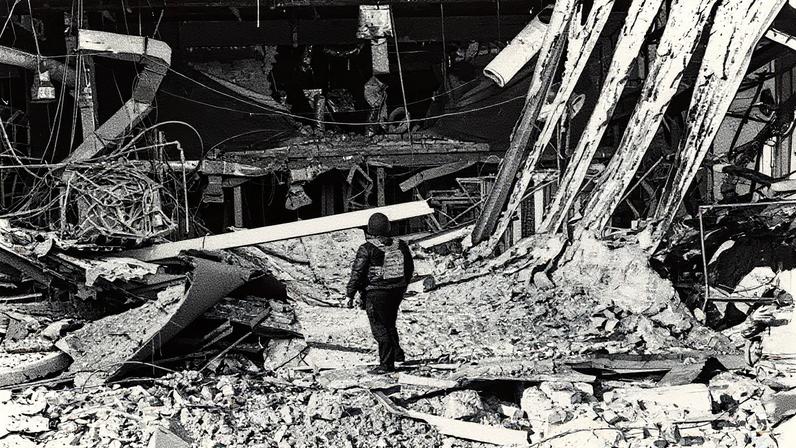 Policial ucraniano inspeciona os destroços de fábrica destruída por ataque russo em Kharkiv (Foto: SERGEY BOBOK / AFP)