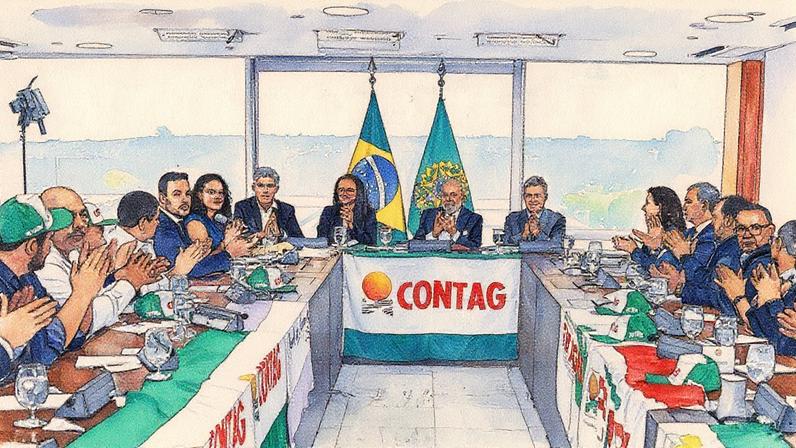 Lula e ministros em reunião com a Contag no Palácio do Planalto, em abril de 2024. Desde 2019, a Contag recebeu R$ 2,59 bilhões em descontos de benefícios do INSS. No quatro anos do governo Bolsonaro, os repasses somaram R$ 1,56 bilhão. No governo Lula, os pagamentos chegaram a R$ 1 bilhão e foram suspensos após a operação da Polícia Federal. (Foto: Ricardo Stuckert/Presidência da República)