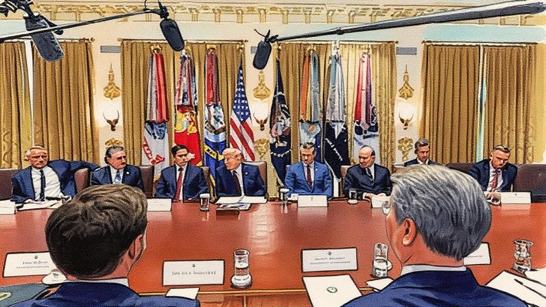 O presidente dos Estados Unidos, Donald Trump, franqueado pelo secretário de Estado, Marco Rubio, o secretário de Defesa, Pete Hegseth, o secretário de Comércio, Howard Lutnick, o secretário do Interior, Doug Burgum, o secretário de Saúde e Serviços Humanos (HHS), Robert F. Kennedy, Jr., e o secretário de Assuntos de Veteranos, Doug Collins, assistem a uma reunião do gabinete na Casa Branca em Washington, D.C., nesta terça-feira. (Foto: Reprodução)