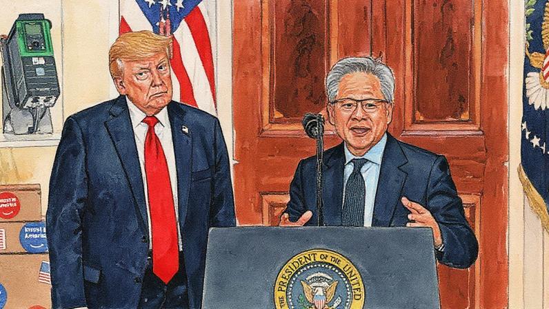 Jensen Huang, CEO da Nvidia, à direita, fala ao lado do presidente Donald Trump sobre investimentos na América, na Casa Branca em Washington, em 30 de abril de 2025. (Foto: Jim Watson | AFP | Getty Images)