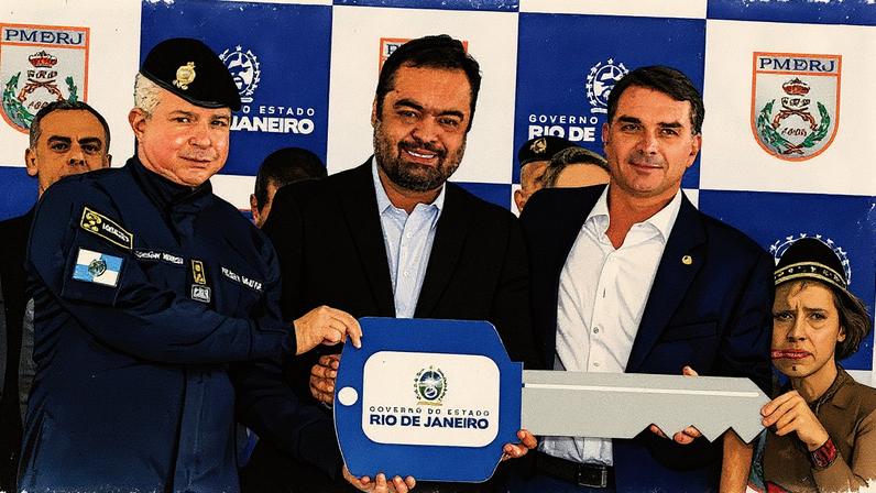 Coronel Menezes ao lado de Castro e Flávio Bolsonaro (Foto: Governo do Estado)