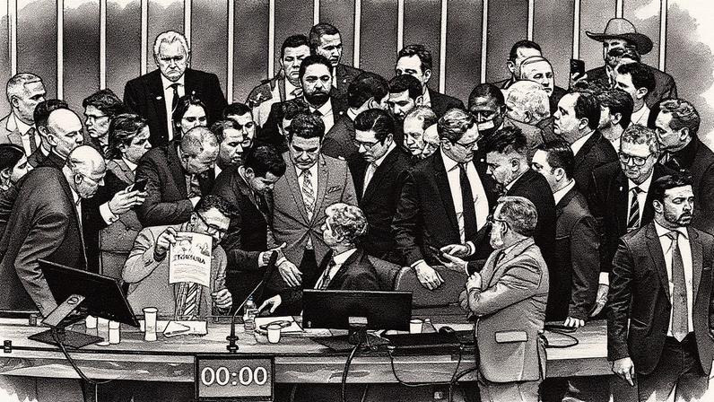 Hugo Motta tenta chegar à cadeira da presidência da Câmara, mas deputados da direita a ocupam (Foto: Brenno Carvalho / Agência O Globo)