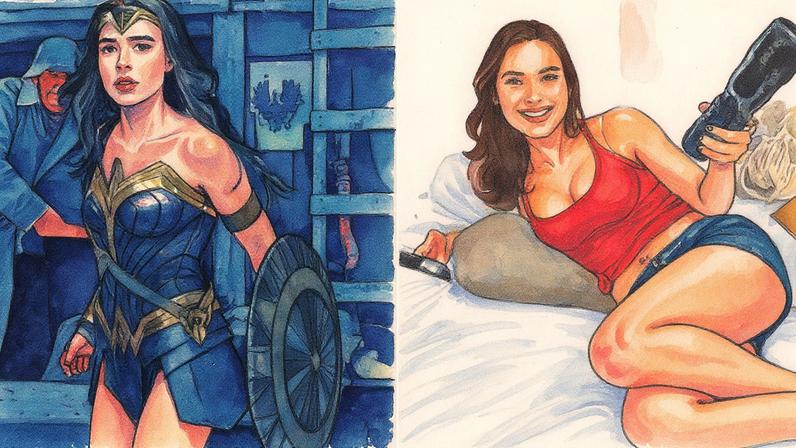 FAJUTO - Gal Gadot, a Mulher-Maravilha (à esquerda): gravação inseriu o rosto dela em uma produção pornô (à direita) (Foto: Divulgação/Reprodução)