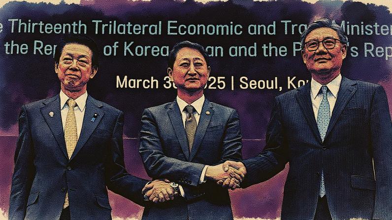 Ministro do Comércio, Indústria e Energia da Coreia do Sul, Ahn Duk-geun (no centro), posa para uma foto com o Ministro da Economia, Comércio e Indústria do Japão, Yoji Muto (à esquerda), e o Ministro do Comércio da China, Wang Wentao (à direita), em reunião trilateral da economia. (Foto: Jung Yeon-je / AFP)