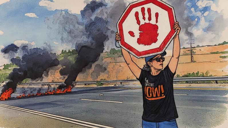 Um manifestante bloqueia uma rodovia durante um protesto exigindo a liberação imediata de todos os reféns mantidos pelo Hamas e pedindo o fim da guerra na Faixa de Gaza, perto de Modiin, Israel, na terça-feira, 26 de agosto de 2025. (Foto: AP Photo/Ohad Zwigenberg)