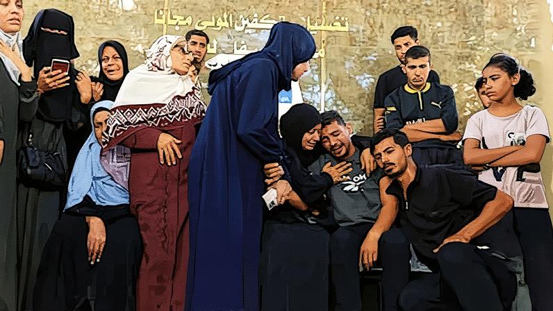 Várias pessoas choram diante dos corpos das vítimas de um bombardeio em um hospital na Cidade de Gaza (Foto: Reprodução)